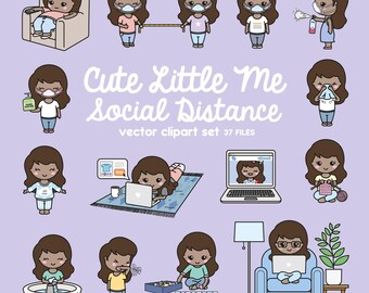 Premium Vector Clipart - Kawaii Girl - Cute Little Me Social Distancing Clipart - Cute Girl Lockdown - Darker Skin  - Kawaii Clipart
