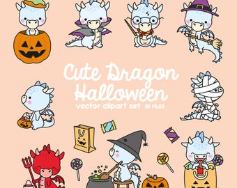 Premium vectorclipart - kawaii halloweendraken - schattige halloweendraken-clipartset - hoge kwaliteit vectoren - blauwe draak
