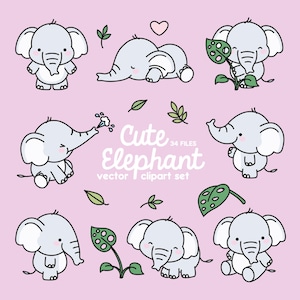 Premium Vector Clipart - Kawaii Elephant - Cute Elephant Clipart Set - High Quality Vectors - Instant Download - Kawaii Clipart