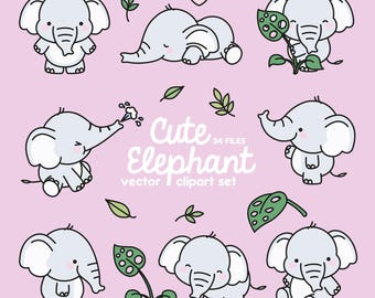 Premium Vektor Clipart - Kawaii Elefant - Süßer Elefant Clipart Set - hochwertige Vektoren - Instant Download - Kawaii Clipart
