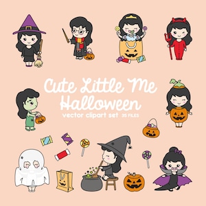 Premium Vektor Clipart - Kawaii Halloween Flicka - Söt Jag Halloween Clipart Set - Svart Hår - Kawaii Halloween Clipart bild 1