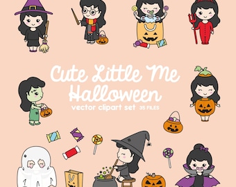 Premium Vektor Clipart - Kawaii Halloween Girl - Süß Me Halloween Clipart Set - Schwarze Haare - Kawaii Halloween Clipart