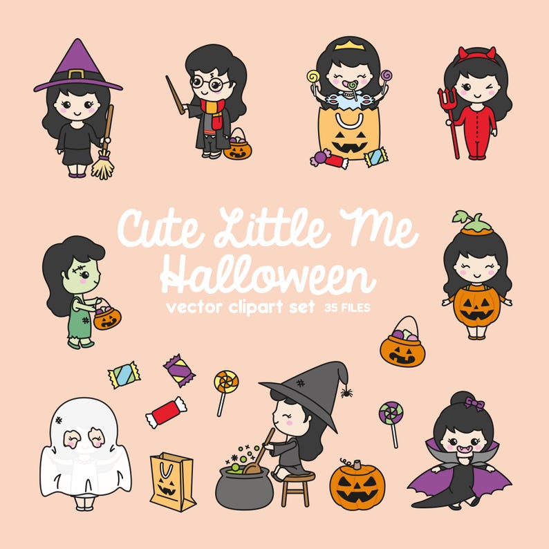 Premium Vektor Clipart - Kawaii Halloween Flicka - Söt Jag Halloween Clipart Set - Svart Hår - Kawaii Halloween Clipart bild 1