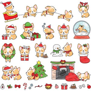 May include: A set of 20 Christmas-themed illustrations featuring cute cartoon corgis in various poses and activities. The corgis are wearing Santa hats, elf hats, and reindeer antlers. They are holding presents, decorating a Christmas tree, and enjoying other festive activities. The illustrations are perfect for creating holiday cards, gift tags, and other festive crafts.