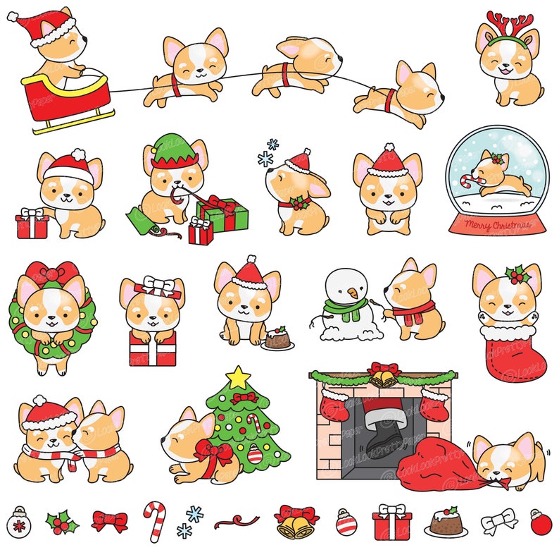 May include: A set of 20 Christmas-themed illustrations featuring cute cartoon corgis in various poses and activities. The corgis are wearing Santa hats, elf hats, and reindeer antlers. They are holding presents, decorating a Christmas tree, and enjoying other festive activities. The illustrations are perfect for creating holiday cards, gift tags, and other festive crafts.