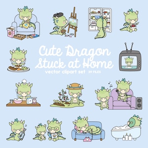 May include: A set of 39 digital clipart images featuring cute green dragons doing various activities at home, such as cooking, gardening, painting, playing music, and relaxing. The text "Cute Dragon Stuck at Home" is written in a playful font at the top of the image.