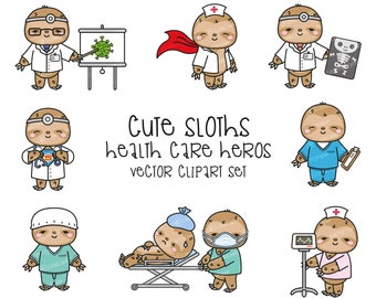 Premium Vector Clipart - Kawaii Sloth - Cute Sloths Healthcare Heros Clipart - Sloth Doctors - Instant Download - Kawaii Clipart
