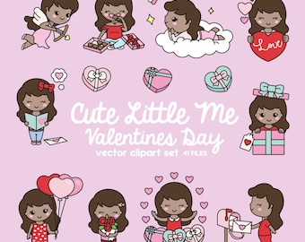Premium Vector Clipart - Kawaii Valentines Day Cute Me - Valentines Day Girl Clipart Set - Cute Valentines Day Clipart - Dark Skin