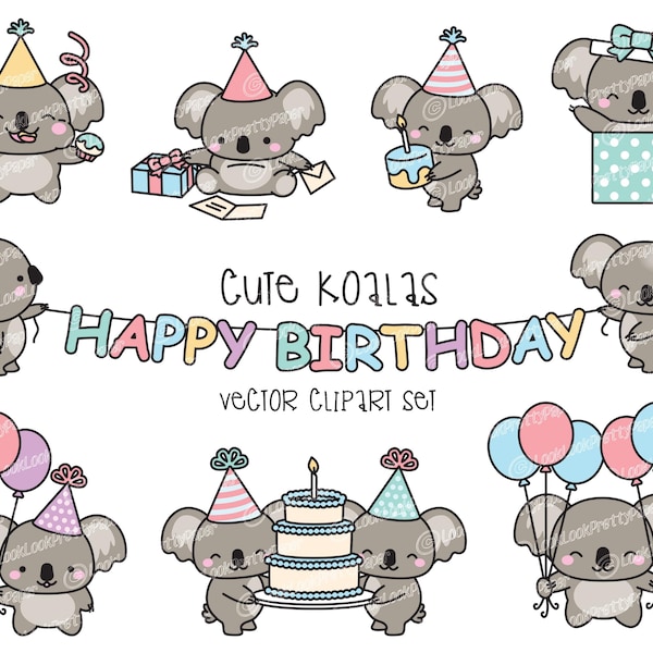 Premium Vector Clipart - Kawaii Birthday Koalas - Cute Birthday Koalas Clipart Set - High Quality Vectors - Kawaii Christmas Clipart