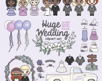 Premium Vektor Clipart - Süßes 'lil Me - SEHR GROSSES Clipart Hochzeit Set - Kawaii Clipart - DIY Stationary / Einladung Design Set