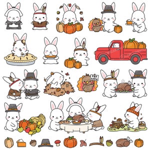 May include: A collection of cartoon illustrations featuring white rabbits in various Thanksgiving-themed scenes. Rabbits are dressed in pilgrim and Native American attire, with pumpkins, turkey, and pie. A red truck carries pumpkins, and a turkey holds a sign that says "eat tofu".