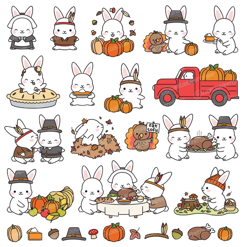 May include: A collection of cartoon illustrations featuring white rabbits in various Thanksgiving-themed scenes. Rabbits are dressed in pilgrim and Native American attire, with pumpkins, turkey, and pie. A red truck carries pumpkins, and a turkey holds a sign that says "eat tofu".