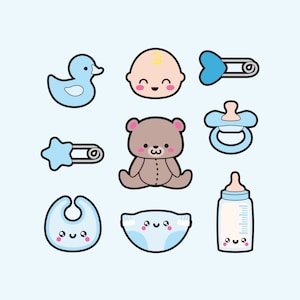 May include: A set of baby-themed icons, including a baby bottle, a pacifier, a teddy bear, a diaper, a duck, a baby, and a safety pin. The icons are all in a cartoon style and have a light blue background.