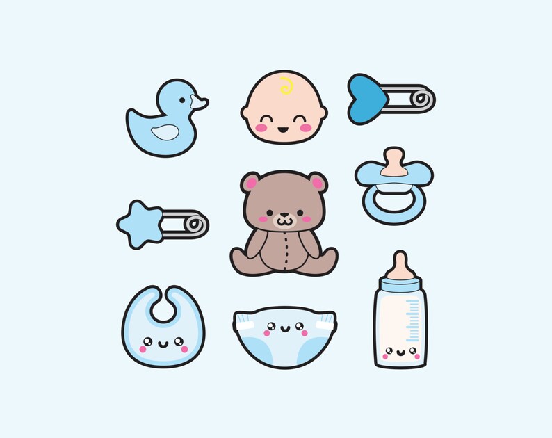 May include: A set of baby-themed icons, including a baby bottle, a pacifier, a teddy bear, a diaper, a duck, a baby, and a safety pin. The icons are all in a cartoon style and have a light blue background.