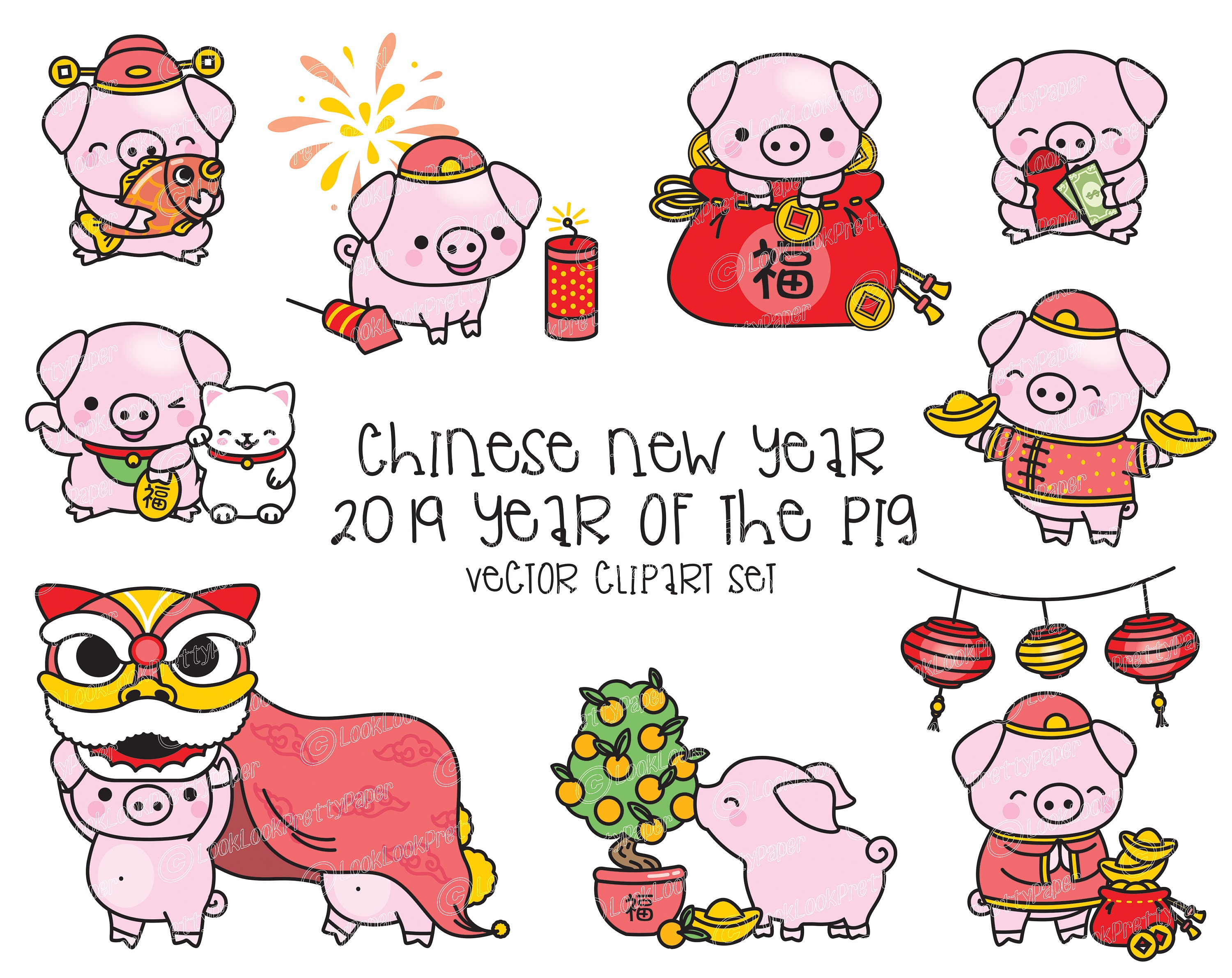 Premium Vector Clipart Kawaii Chinese New Year Cute Year | Etsy