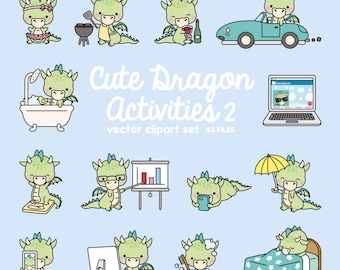 Premium Vector Clipart - Kawaii Dragon - Cute Dragon Planning Clipart - Instant Download - Kawaii Clipart