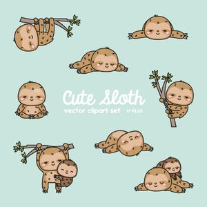 Premium Vektor Clipart - Kawaii Faultier - süße Faultiere Clipart Set - hochwertige Vektoren - Instant Download - Kawaii Clipart