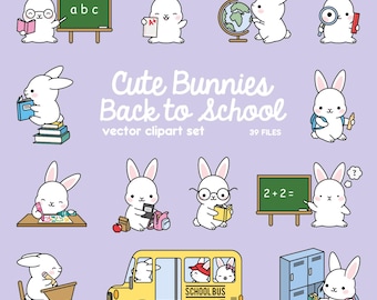 Premium Vector Clipart - Kawaii Bunny Back To School - Cute Bunnies Clipart Set - High Quality Vectors - Kawaii School Clipart