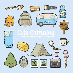 Premium Vektor Clipart - Kawaii Camping Clipart - Kawaii Camping Clip Art Set - hochwertige Vektoren - Sofortiger Download - Kawaii Clipart