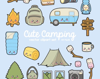 Premium Vektor Clipart - Kawaii Camping Clipart - Kawaii Camping Clip Art Set - hochwertige Vektoren - Sofortiger Download - Kawaii Clipart