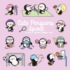 Premium Vector Clipart - Kawaii Sport Penguin - Cute Penguin Sporty Clipart - Download istantaneo - Kawaii Clipart