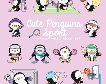 Premium Vector Clipart - Kawaii Sport Penguin - Cute Penguin Sporty Clipart - Instant Download - Kawaii Clipart