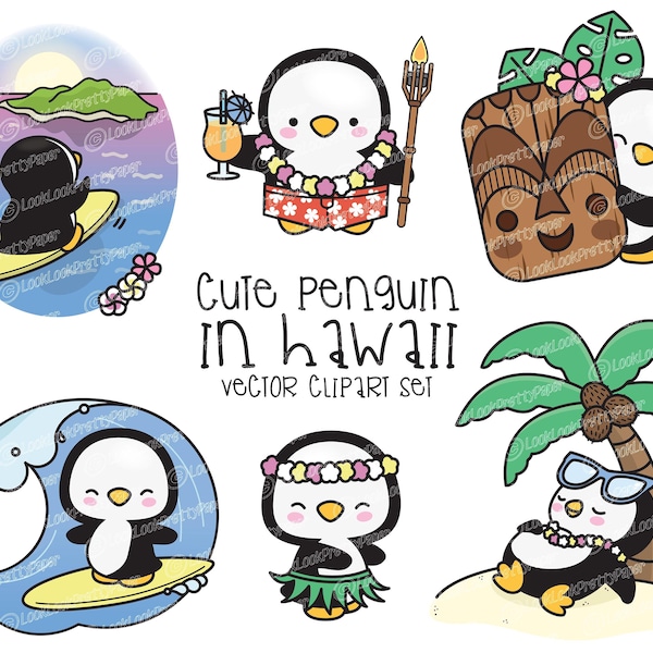 Premium Vector Clipart - Kawaii Penguin - Cute Penguin in Hawaii Clipart - Hawaii - Instant Download - Kawaii Clipart