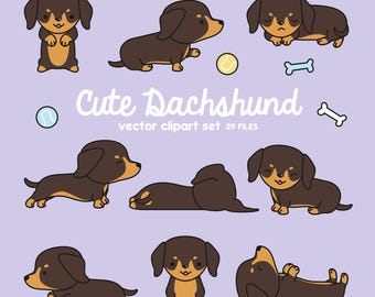 Premium Vector Clipart - Kawaii Dachshund - Cute Dachshund Clipart Set - High Quality Vectors - Instant Download - Kawaii Sausage Dog