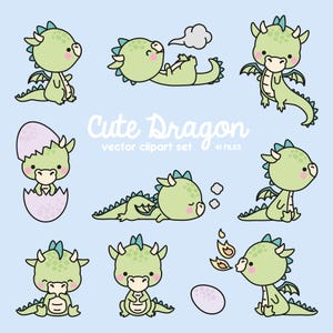 Premium vectorillustraties - kawaii draak - schattige baby draken clipartset - hoge kwaliteit vectoren - direct downloaden - kawaii-clipart