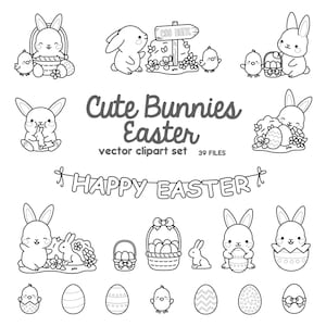 Imágenes vectoriales premium - Siluetas kawaii de Pascua - Imágenes prediseñadas de Pascua en blanco y negro - Conejito de Pascua - Vectores de alta calidad - Imágenes prediseñadas kawaii de Pascua