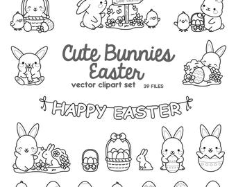 Premium Vector Clipart - Kawaii Easter Outlines - Black & White Easter Clipart - Easter Bunny - High Quality Vectors - Kawaii Easter Clipart