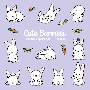 Premium Vector Clipart - Kawaii Bunny - Lindo Bunny Clipart Set - Vectores de alta calidad - Descarga instantánea - Kawaii Clipart