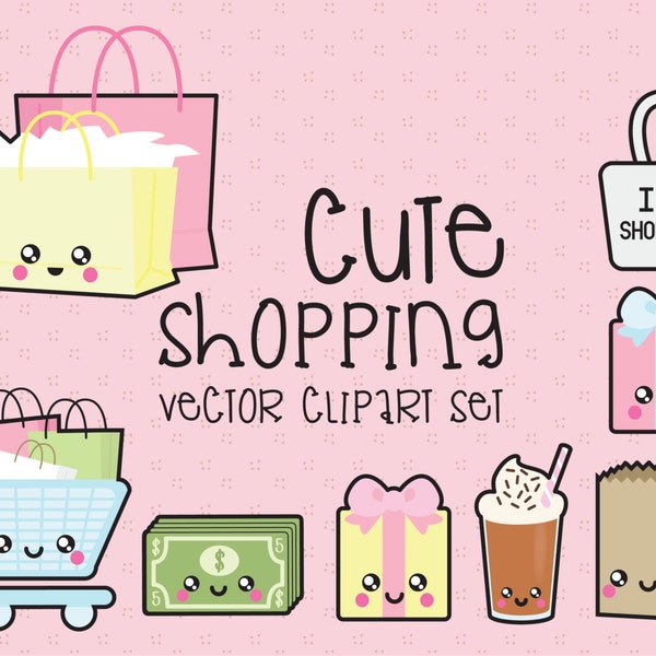 Premium Vektor Clipart - Kawaii Shopping Clipart - Kawaii Shopping Clip Art Set - Hochwertige Vektoren - Sofort Download - Kawaii Clipart