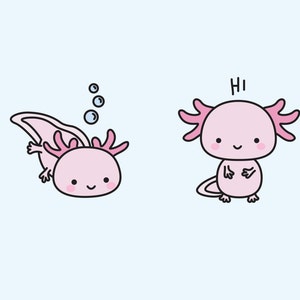 Puede incluir: Dos ajolotes de dibujos animados, uno nadando con burbujas y el otro diciendo "Hola". Ambos son rosados con ojos negros y sonrientes.