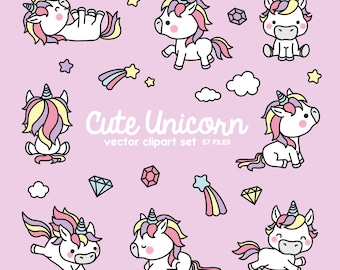 Premium Vektor Clipart - Kawaii Einhörner - süße Einhörner Clipart Set - hochwertige Vektoren - Sofortdownload - Kawaii Clipart
