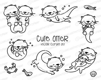 Premium Vector Clipart - Kawaii Otters - Cute Otters Clipart Set - High Quality Vectors - Instant Download - Kawaii Clipart - Outlines