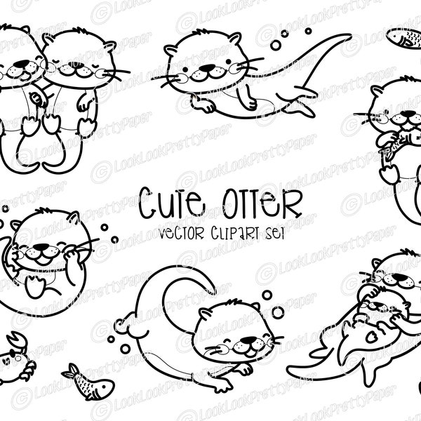 Premium Vector Clipart - Kawaii Otters - Cute Otters Clipart Set - High Quality Vectors - Instant Download - Kawaii Clipart - Outlines