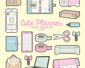 Premium Vector Clipart - Kawaii Planning Clipart - Cute Planner Clip Art - No Faces - High Quality Vectors - Planner Supplies Kawaii Clipart