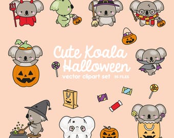 Premium Vektor Clipart - Kawaii Halloween Koalas - Niedliche Halloween Koalas Clipart Set - Hochwertige Vektoren - Kawaii Halloween Clipart