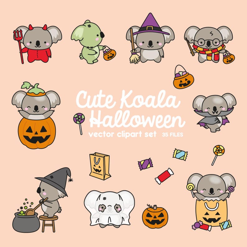 Premium Vector Clipart - Kawaii Halloween Koalas - Cute Halloween Koalas Clipart Set - High Quality Vectors - Kawaii Halloween Clipart image 1