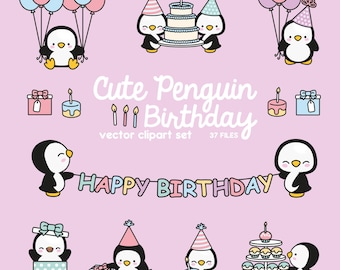 Premium Vector Clipart - Kawaii Birthday Penguins - Cute Birthday Penguins Clipart Set - High Quality Vectors - Kawaii Christmas Clipart