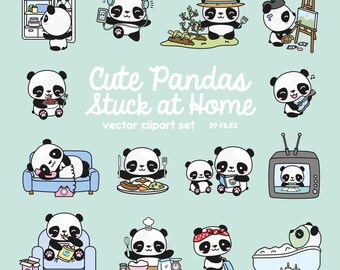 Premium Vector Clipart - Kawaii Panda - Cute Pandas Locked Down at Home Clipart - Panda Lockdown - Instant Download - Kawaii Clipart