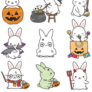 May include: A set of nine Halloween-themed illustrations featuring cute white bunnies dressed in various costumes, including a witch, a vampire, a ghost, a wizard, a zombie, and a devil. The bunnies are holding various Halloween props, such as a cauldron, a broom, a bat, a wand, a sweet bag, and a pitchfork. The illustrations are surrounded by Halloween-themed objects, such as pumpkins, sweets, and lollipops.