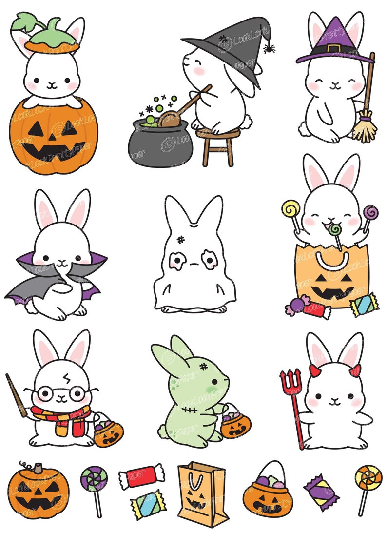 May include: A set of nine Halloween-themed illustrations featuring cute white bunnies dressed in various costumes, including a witch, a vampire, a ghost, a wizard, a zombie, and a devil. The bunnies are holding various Halloween props, such as a cauldron, a broom, a bat, a wand, a sweet bag, and a pitchfork. The illustrations are surrounded by Halloween-themed objects, such as pumpkins, sweets, and lollipops.