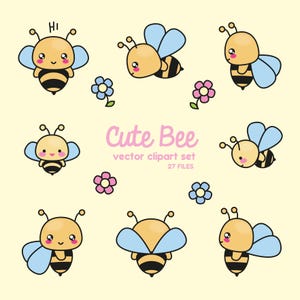 Peut inclure: Ensemble de dessins de mignonnes abeilles avec des ailes bleu clair et des corps ray&eacute;s noirs et jaunes. Les abeilles sont dans diverses poses, certaines avec des joues roses. L'expression "Cute Bee vector clipart set" est &eacute;crite en rose et noir. Plusieurs petites fleurs sont &eacute;galement incluses.