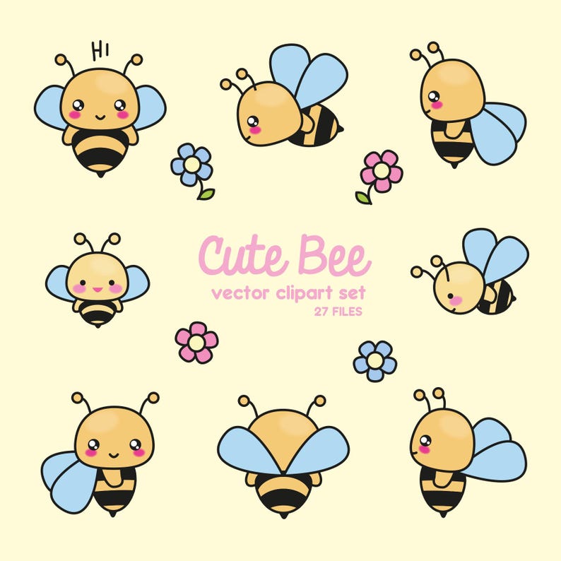 Peut inclure: Ensemble de dessins de mignonnes abeilles avec des ailes bleu clair et des corps ray&eacute;s noirs et jaunes. Les abeilles sont dans diverses poses, certaines avec des joues roses. L'expression "Cute Bee vector clipart set" est &eacute;crite en rose et noir. Plusieurs petites fleurs sont &eacute;galement incluses.