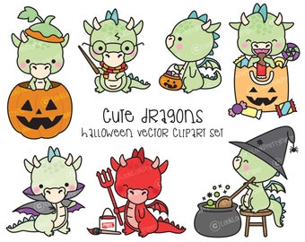 Premium Vector Clipart - Kawaii Halloween Dragons - Cute Halloween Dragons Clipart Set - High Quality Vectors - Kawaii Halloween Clipart