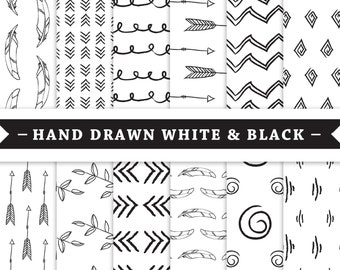 Premium Digital Paper - Scrapbooking Paper - Hand Drawn patterns - Tribal - White and Black - Patterned Digital Paper - Printable Paper Set