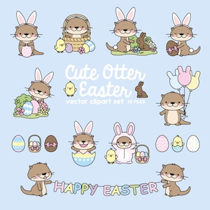 Premium Vektor Clipart - Kawaii Otter - Süße Otter Clipart - Osterotter - Instant Download - Kawaii Clipart