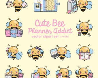 Premium Vector Clipart - Kawaii Bee - Cute Bee Planner Addict Clipart -Bees Loves Planning - Instant Download - Kawaii Clipart